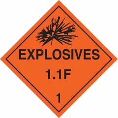 This BRADY placard measures 10 3/4 inches by 10 3/4 inches and displays the message 'Explosives 1.1 F 1'. It is used for identifying containers holding Class 1 explosives in transportation and storage applications, helping meet DOT placarding requirements.