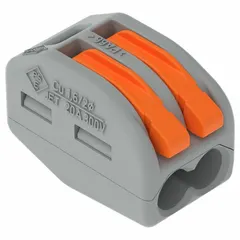 This 2-port lever wire connector from the WAGO 222 Series accepts solid wire sizes from 28 AWG to 12 AWG. Rated for 20 A and 600 V, it is used for tool-free wiring connections in control panels, lighting fixtures, and junction boxes.