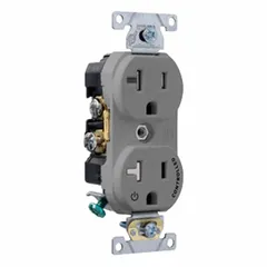 General-purpose duplex receptacle rated 125V AC, 20 A, NEMA 5-20 configuration, 2-pole/3-wire grounding. Gray finish. Suitable for powering equipment in commercial and industrial environments such as offices, workshops, and light manufacturing.