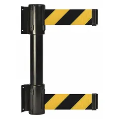 This wall-mount retractable belt barrier features a 13 ft black/yellow patterned belt with no legend, housed in a black frame. It is designed for permanent installation to manage pedestrian flow, cordon off areas, or guide queues in industrial and public settings.
