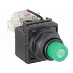 Green LED pilot light for 30 mm panel mounting. Rated for 24 V AC/DC maximum supply voltage. Includes push-to-test function to verify lamp operation without removal. Used as an indicator in industrial control panels to show equipment status.