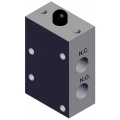 This VM Series manual air control valve features a basic plunger actuator with three ports and 1/8 in BSPT connections. It is rated for a maximum operating pressure of 1 MPa. Commonly used in pneumatic circuits for selecting the higher of two input pressures to a single output, such as in safety interlocks or dual-supply systems.