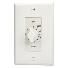 Spring-wound mechanical timer with 30-minute minimum and 6-hour maximum timing range. Single-pole double-throw (SPDT) switch rated for 125V AC. White case, no wall plate included, no hold feature. Used for basic on/off control of electrical loads such as lighting or fans in industrial or commercial settings.