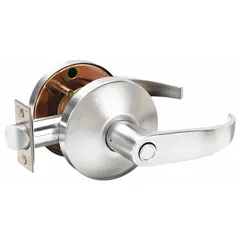 Privacy lever lockset for interior doors requiring locking from the inside, such as bathrooms or bedrooms. Features a satin chromium-plated zinc finish, Quantum style lever, and ANSI F76 function. ADA compliant for accessible applications. No visual indicator; not ligature-resistant.