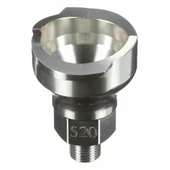 This stainless steel S20 adapter connects PPS series spray gun cups to spray guns. It features a 1/8 in thread size and is used in industrial painting and coating applications.