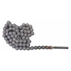 Steel roller chain replacement part for drum trucks. Measures 1/2 in overall height, 1/2 in H x 3/4 in W x 1/2 in D, with a 33 1/2 in overall length. Used to facilitate lifting and moving heavy drums.