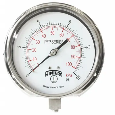 WINTERS Panel-Mount Pressure Gauge: Back Flange, 0 psi to 15 psi, 6 in Dial, 1/4 in NPT Male - Back-Flange Panel-Mount with Stainless Steel Wetted Parts