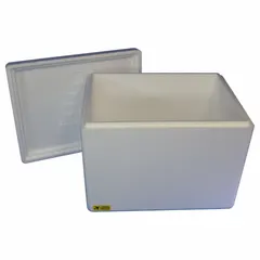 White corrugated cardboard shipping box with a 1.25 in thick Styrofoam insert for thermal protection. Used for temperature-sensitive shipments requiring insulation during transit.