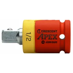 This impact socket isolator features a 1/2-inch square drive output and is constructed from chrome. It is designed for use in bolting applications where electrical isolation is required to protect operators and equipment. Typical uses include maintenance and assembly tasks involving live electrical components.