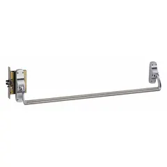 Mortise exit device with crossbar push bar and lever outside trim. Suitable for doors up to 44 inches wide. Chrome finish (US26D). ADA compliant for accessible egress.