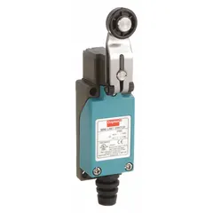 This roller lever-arm limit switch features an adjustable roller lever actuator for precise positioning in industrial automation applications. It uses screw terminals for electrical connection and is suited for detecting the presence or position of moving parts such as conveyor belts or machine guards.