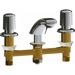 Centerset, cast brass construction with polished chrome finish. Features push-button metering for timed water flow and aerated stream. Includes mounting hardware. Suitable for commercial restroom applications requiring water conservation.