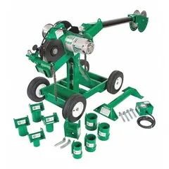 Floor-mount wheeled cable puller with 6,500 lbf maximum pulling force and 17 fpm maximum speed. Features a 5 ft boom length and operates on 120V AC power. Used for pulling electrical cables through conduit or trays in industrial and commercial settings.