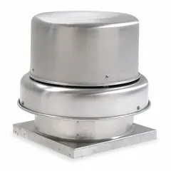 Belt-drive centrifugal downblast roof exhaust fan for clean air applications. Delivers 2,391 cfm with a 13 3/4 in wheel. Includes drive package; operates on 115/208-230V AC with a single-speed open dripproof motor. Unassembled unit with square base, standard-efficiency motor, not for high-static pressure use.
