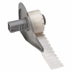 Precut label roll for industrial identification. Polyester material with white gloss finish. Temperature range -40°F to 356°F. Compatible with Brady M710 printer series. Used for labeling electrical panels, cables, and assets in demanding environments.