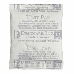 Tyvek desiccant bags for moisture control in packaging and storage. Each 12 g bag protects 0.03 cu ft of enclosed space. Bags measure 2 1/2 in length. Supplied in a pail of 700 pieces.