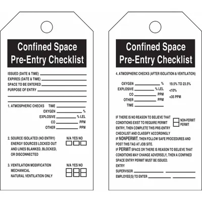 BRADY Confined Space Pre-Entry Checklist Tags, White, Cotton String, 25-Pack - Confined Space Pre-Entry Checklist/Issued (Date & Time): Expires (Date & Time): Space To Be Entered: Purpose Of Entry: / Confined Space Pre-Entry Checklist/4 Atmospheric Checks (After Isolation & Ventilation) Tags