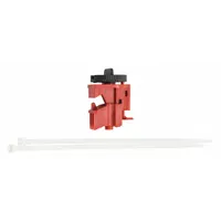 Clamp-on lockout device for 120/277V AC circuit breakers. Secures breaker in OFF position during maintenance to prevent accidental re-energization. Includes a cable tie slot for use with standard nylon cable ties. Suitable for industrial lockout/tagout procedures