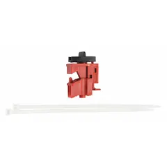 Clamp-on lockout device for 120/277V AC circuit breakers. Secures breaker in OFF position during maintenance to prevent accidental re-energization. Includes a cable tie slot for use with standard nylon cable ties. Suitable for industrial lockout/tagout procedures.