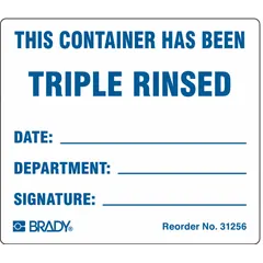 Paper label with white background, printed with 'This Container Has Been Triple Rinsed'. Measures 2 7/8 in x 2 1/2 in. Sold in packs of 100. Used for marking containers that have been triple rinsed in compliance with regulatory requirements.