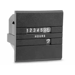 Analog hour meter with flush front panel mounting and square bezel. Operates on 90-115 V AC, records elapsed time in tenth-hour increments. CUL listed. Measures 2 1/4 x 2 in. Suitable for tracking operating hours on industrial equipment such as generators, pumps, and compressors.