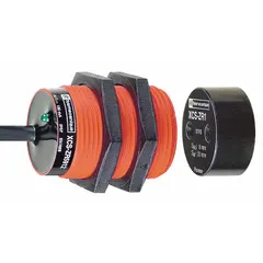 DC safety-interlock switch from the XCSDM Series with 2NC contacts and pre-cabled design. Features an integrated LED indicator. Used for monitoring movable guards in industrial machinery to prevent access to hazardous areas until safe conditions are met.