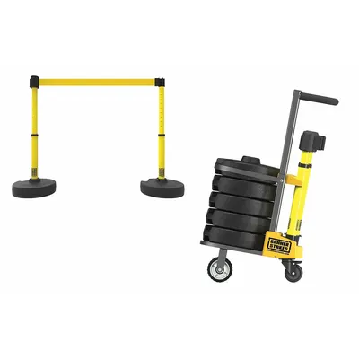 BANNER STAKES Belt Barrier System: 42 in Post Ht, 15 ft Belt Lg, Yellow, 5 No. of Posts - Mobile Retractable Belt Barrier Systems
