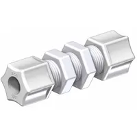 This JACO compression fitting is a general-purpose nylon connector for 5/16 in OD tubing. It features a Compression x Compression configuration and is supplied as a 5-pack. Suitable for use in industrial fluid or pneumatic systems requiring a secure tubing connection