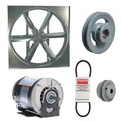 Unassembled belt-drive panel supply fan with a 24-inch blade and open dripproof motor. Delivers 5,292 cfm at 1/3 hp, single-phase, 115/208-230V AC. Includes drive package for installation. Suitable for general ventilation and air movement in industrial and commercial spaces.