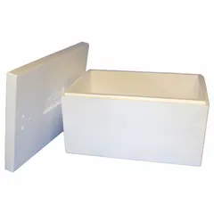 Cardboard insulated shipping container with white exterior and 1.5 in thick Styrofoam insert. Suitable for temperature-sensitive shipments requiring thermal protection during transit.