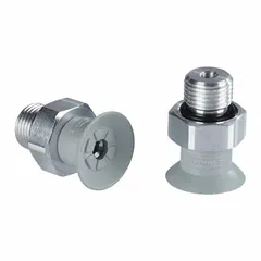 Flat type vacuum pad assembly for handling delicate electronic components in automated pick-and-place systems. Features NBR material with 55 A hardness, gray color, 15 mm pad height, and 16.8 mm pad diameter. Provides secure grip on smooth surfaces without marking.