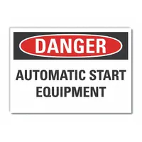 Adhesive-mount danger sign with engineer-grade retroreflective sheeting for hazard identification on automatic equipment. No glow-in-the-dark capability. Suitable for industrial environments where automatic start equipment poses unexpected startup risks