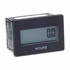 Digital hour meter with LCD display for front panel mounting. Rectangular bezel, dimensions 1 5/8 x 1 1/8 in. Used to record operating hours of machinery, generators, and pumps for maintenance scheduling.