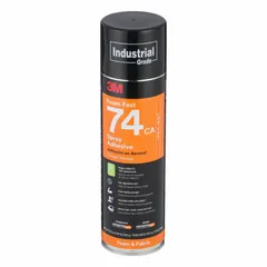 3M Foam Fast 74CA is a 24 fl oz aerosol spray adhesive with an orange color and lace spray pattern. It features aggressive tack for high initial grab and bonds paper, with secondary compatibility for glass and fiberglass. This adhesive is heat resistant for interior use only, meets Ozone Transport Commission standards, and is not water-resistant or pressure sensitive.