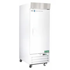 General purpose upright lab refrigerator with 26 cu ft capacity. Maintains temperature range of 1°C to 10°C. White swing solid door opens to the right. Uses R-290 refrigerant and includes a temperature alarm. Overall depth 36 1/2 inches. Suitable for storing reagents, samples, and media requiring consistent cold storage.