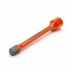 This torque limiting extension is designed for use with impact wrenches to prevent over-torquing fasteners. Constructed from alloy steel with an orange finish for identification, it delivers a working torque of 175 ft-lb. Suitable for automotive and industrial applications requiring consistent torque control.