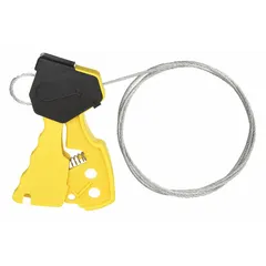 This squeeze-handle cable lockout includes a 6 ft galvanized steel cable with silver finish. The yellow nylon body houses the locking mechanism. Used for isolating energy sources during maintenance by securing valves or electrical disconnects with the cable wrapped around multiple points.