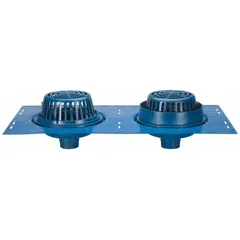 This primary roof drain with deck plate is designed for rainwater removal on flat or low-slope roofs. It features a cast-iron body and dome, a 4-inch no-hub connection, and a blue finish. Overall height is 9 3/4 inches.