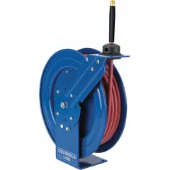 This large-frame spring-return hose reel is designed for air or water applications, featuring a 50 ft hose with 1/2 in I.D. and 1/2 in MNPT inlet. It has a brass swivel and blue powder-coated finish, with a maximum operating pressure of 300 psi. The movable arm allows flexible positioning, suitable for industrial workshops and maintenance facilities.