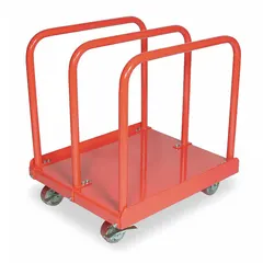 Single-height vertical panel truck with fixed rails for transporting panels and sheet goods. Red finish, solid deck measuring 35 1/2 in L x 30 1/2 in W x 38 in H with 8 1/2 in deck height. Equipped with (2) rigid casters. Capacity 4000 lb.