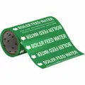 Green adhesive pipe marker with white legend 'Boiler Feed Water' and directional arrows. Fits pipe O.D. of 2 inches and smaller. Supplied in packs of 30. Used to identify boiler feed water lines in industrial piping systems, aiding in safety and maintenance compliance.