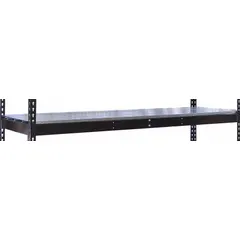 This shelf kit includes four powder-coated steel beams and a single straight shelf with 22 ga steel-plank decking. The frame and decking are finished in black powder coat. Designed for boltless shelving systems, it supports loads up to 685 lb for organizing boxes, parts, and equipment in storage areas.