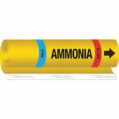 This ammonia pipe marker is designed for VAP-phase, high-pressure lines in industrial refrigeration systems. It wraps around pipes with an outer diameter of 2-1/2 to 7-7/8 inches and includes directional arrows to indicate flow direction. Supplied as a single marker.