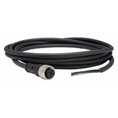 Single-ended cordset with a black PUR jacket for twisting applications. Features an M12 female straight connector on one end and bare wire on the other. 4 pins, 5 m cable length, 22 AWG wire size, 3 A max current, IP65 rating. Suitable for connecting sensors or actuators in industrial automation environments requiring protection against dust and water jets.