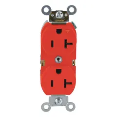 Duplex receptacle rated 125V AC, 20A, 2-pole/3-wire with NEMA 5-20R configuration. Red nylon face and isolated-ground design help identify dedicated circuits for sensitive electronics, reducing electrical noise. Suitable for commercial and industrial applications requiring a general-purpose receptacle.