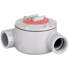 Iron N round body 90° elbow conduit outlet body with triple-coat epoxy finish. Includes cover and grounding screw. Threaded female hub for use with threaded IMC. UL Listed for hazardous locations: Class I, Division 1 and 2, Groups B, C, D; Class II, Division 1 and 2, Groups E, F, G; and Class III. Used for pulling, splicing, or routing wires in conduit systems.