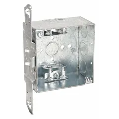 Steel electrical box with 4" x 4" square nominal size for 2-gang configurations. Features a stud side bracket with spurs for secure mounting and an FMC clamp style for flexible metal conduit connections. Suitable for junction box or device box applications in residential and commercial construction.