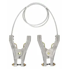 This terminated bonding and grounding wire is 5 ft long with an uninsulated bare carbon steel conductor. It features two hand clamps with a 3/4 in opening span, suitable for establishing a safe electrical path between equipment and ground in applications requiring static discharge or shock prevention.