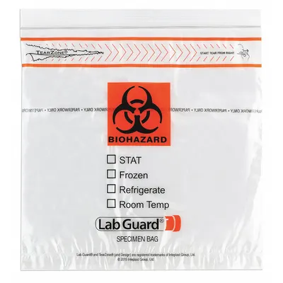 MEDEGEN MEDICAL PRODUCTS Specimen Transfer Bag: LDPE, Biohazard, 1.75 mil Thick, Clear, 10 in Overall Ht - Dual Pouch Specimen Transfer Bags