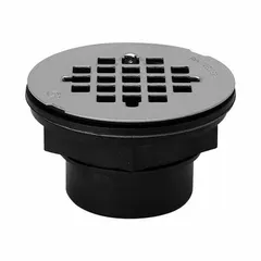 Pan & Tile-In Shower Drain, Plastic, 2 in Dia, 2-1/2 in Ht, Solvent Weld, Stainless Steel Grate, Silver
